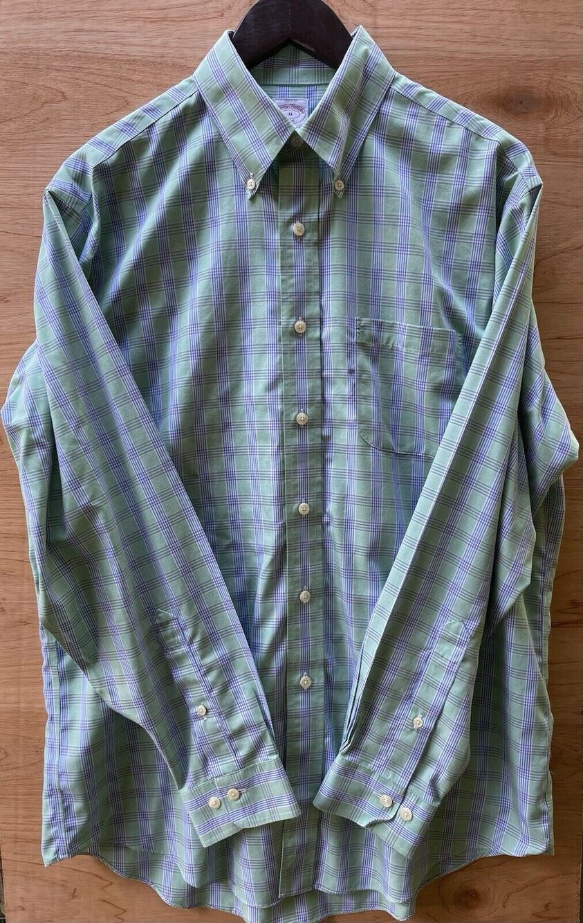 Brooks Brothers 346 Shirt Men’s M Green Blue Plaid Long Sleeve Non Iron